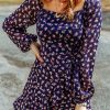 Blue Floral Print Smocked Square Neck Bubble Sleeve Dress