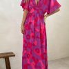 Rose Abstract Floral Print V Neck Dolman Maxi Dress