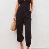 Black V Neck Knotted Shoulder Backless Pocket Jumpsuit