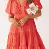 Orange Ruffle V Neck Tiered Puff Sleeve Mini Dress