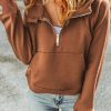 DLChic Women's Brown Quarter Zip Kangaroo Pocket Hoodie