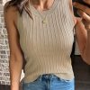 Apricot Ribbed Knit Crew Neck Tank Top