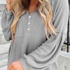 Gray Buttoned V Neck Drop Shoulder Waffle Knit Top