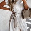 Khaki Stripe Short Sleeve Belted Wrapped Hemline T-Shirt Dress