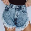 Sky Blue Dark Acid Wash Raw Hem Jean Shorts - High Waist Seductive Denim Shorts