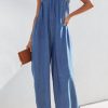 Blue Spaghetti Straps Frilled Neckline Pocketed Wide Leg Denim Jumpsuit