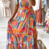 Multicolor Vibrant Tropical Print Smocked Ruffle Tiered Maxi Dress