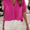 Rose Solid Color Smock Sleeve V Neck Top