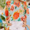 Sky Blue Floral Print Loose Half Sleeve V Neck T Shirt