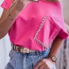 Rose Rhinestone Fringed Pocket Short Sleeve T-shirt For Women