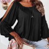 Black Lace Crochet Cut-Out Bracelet Sleeve Ruffle Blouse