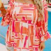 Orange Geometric Print Smocked Square Neck Plus Size Blouse