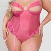 Pink Plus Size Lace Mesh Ruffle Peekaboo Teddy Lingerie