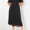 Black Plus Size Lace Flutter Sleeves Flare Midi Dress