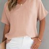 Elegant Pink Solid V Neck Short Sleeve Blouse For Women