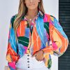 Stylish Multicolor Swirl Color Block Print Lantern Sleeve Shirt