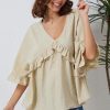 Elegant Apricot V Neck Draped Batwing Sleeve Ruffle Top For Daily And Formal Occasions