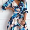 Blue Abstract Floral Long Sleeve Tied Ruffle Dress