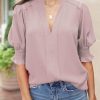 Pink Solid Color Half Sleeve V Neck Blouse