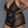 Black Plus Size Lace Patchwork Mesh Crisscross Backless Babydoll