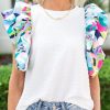 White Voluminous Printed Puff Sleeve Textured Top