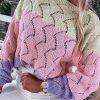 Chic And Unique Pink Color Block Hollow Knitted Loose Sweater