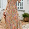 Brown Vintage Floral Smocked Bodice Flare Sleeve Tiered Long Dress