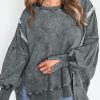 Gray Acid Wash Relaxed Fit Seamed Pullover Sweatshirt With Slits