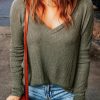 Green Loose Ribbed Knit V Neck Long Sleeve Top