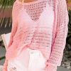 Pink Knitted Eyelets Round Neck Long Sleeve Top