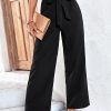 Black Solid Color Tie Waist Wide Leg Pants