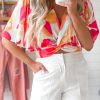 Multicolor Abstract Print V Neck Twist Front Cropped Blouse