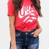 Red USA Shooting Stars Graphic Print Crew Neck T Shirt