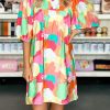 Multicolor Abstract Print Notch V Neck Puff Sleeve Dress