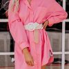 Pink Solid Color Long Sleeve Oversized Tunic Shirt