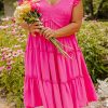 Pink Plus Size Solid Frill Tiered V Neck Smocked Dress