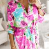 Purple Floral Print Lace-up Roll Tab Sleeve Tunic Shirt