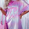 Purple Shiny Iridescent Stay Wild Graphic Oversized Tee