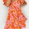 Fresh And Charming Orange Floral Mini Dress With Puff Sleeves And Open Back