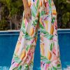 Multicolor Tropical Leafy Print Belted Wide Leg Pants