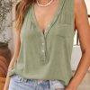 Green Ribbed Knit Buttoned Henley V Neck Tank Top