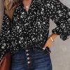 Black Split Neck Fall Printed Crinkled Blouse