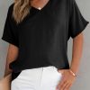 Black Solid V Neck Short Sleeve Blouse