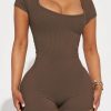 Brown Ribbed Square Neck Short Sleeve Athleisure Romper