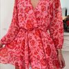 Red Floral Ruffle Layered Puff Sleeve Surplice Dress