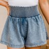 Blue Smocked High Waist Acid Wash Flared Denim Shorts