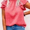 Pink Textured Flutter Sleeve Frilled Neck Plus Size Blouse