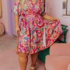 Multicolor Boho Paisley Floral Print Wrap V Neck Puff Sleeve Plus Size Dress