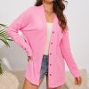 Cozy And Textured Pink Waffle Knit Cardigan With Dropped Shoulders