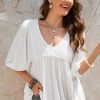 Elegant White Lace V-Neck Bracelet Sleeve Ruffle Blouse For Women